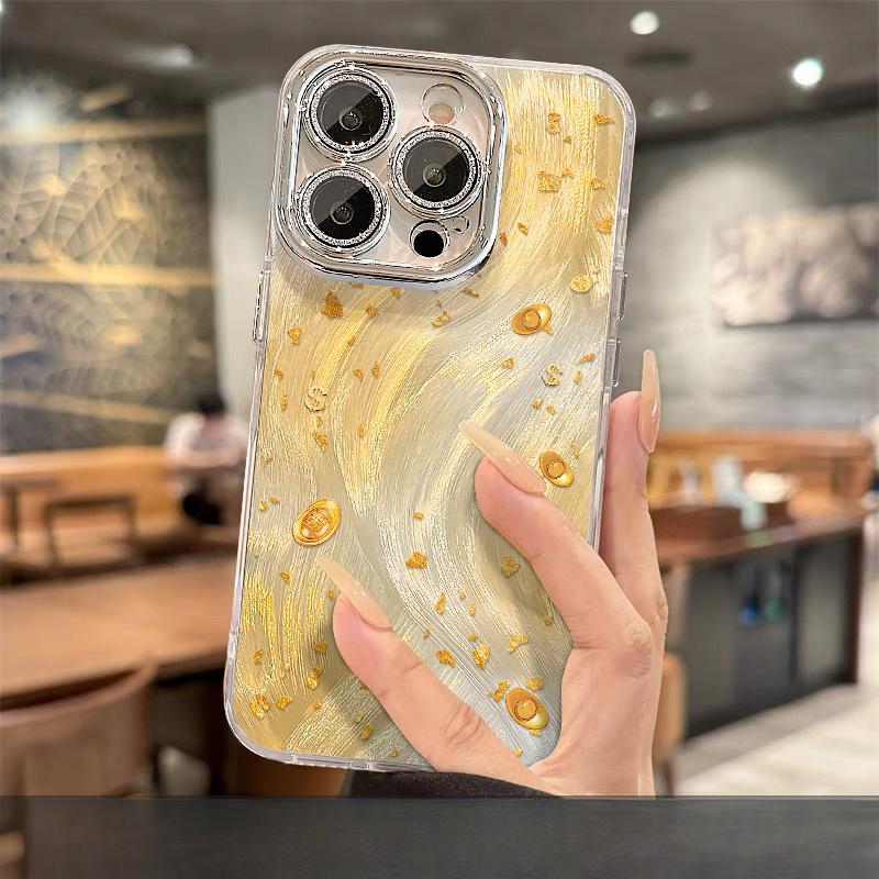 Фигурка Манэки-нэко из золотой фольги подходит для Apple 16, 15pro, 14 (противоударная пленка для объектива) и 13/12 в китайском стиле.