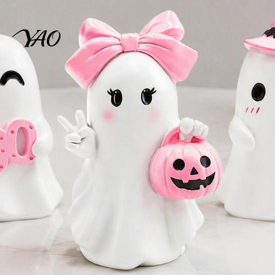 Cute Ceramic Ghost Statue Halloween Figurine, Resin Spooky Statue, Funny Creepy Tiered Tray Decor Items Tabletop Ornament for Home Shelf Party