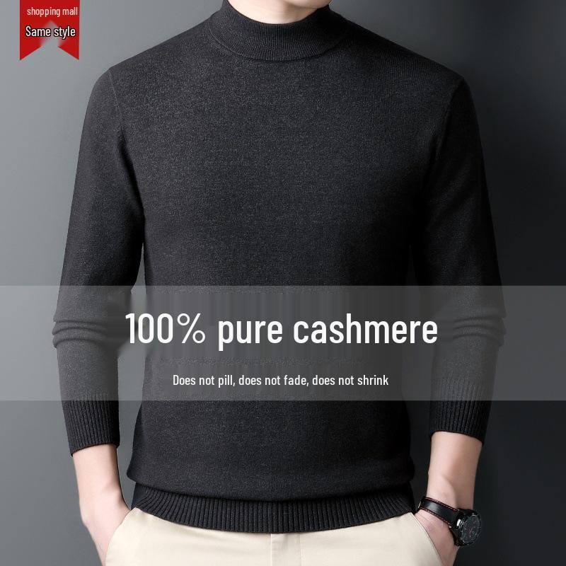 Men's 100% Cashmere Mid-Neck Black Sweater - Thickened Winter Base Layer