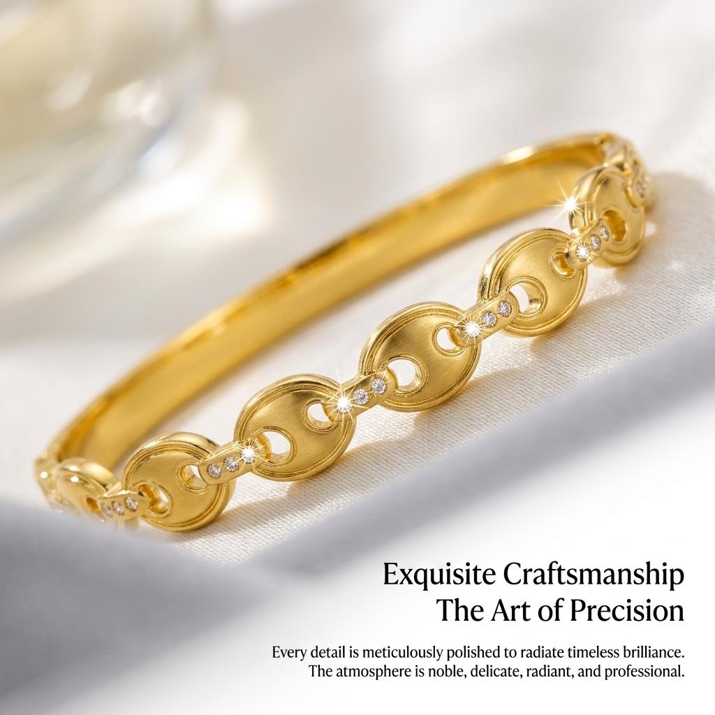Elegant Gold Color Snap Bracelet Stainless Steel Zircon Pig Nose Bangle Luxe Feel Women's Jewelry (60mm Inner Diameter)