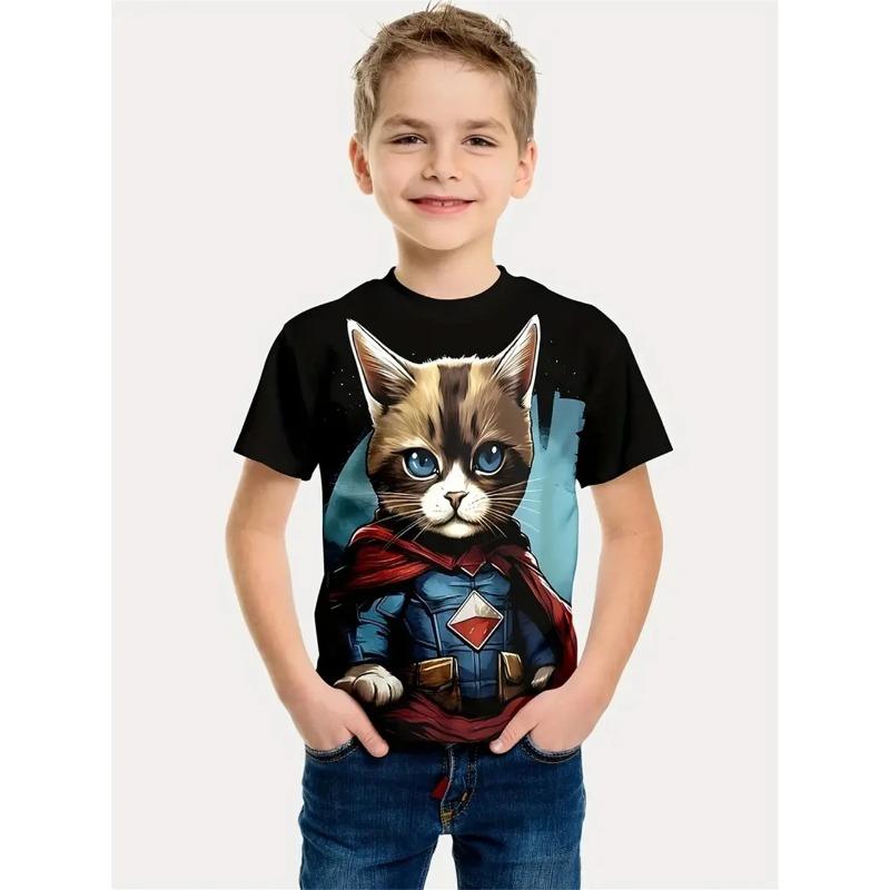 Мультяшный кот Детская одежда для мальчиков Футболка с принтом 3D кота с коротким рукавом Детская одежда Модная футболка для мальчиков Топ Футболка Лето