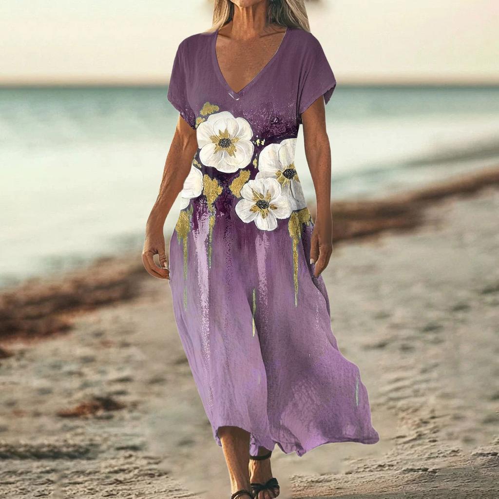 Fashion Women's Summer V-Neck Short Sleeve Floral Print Beach Dress