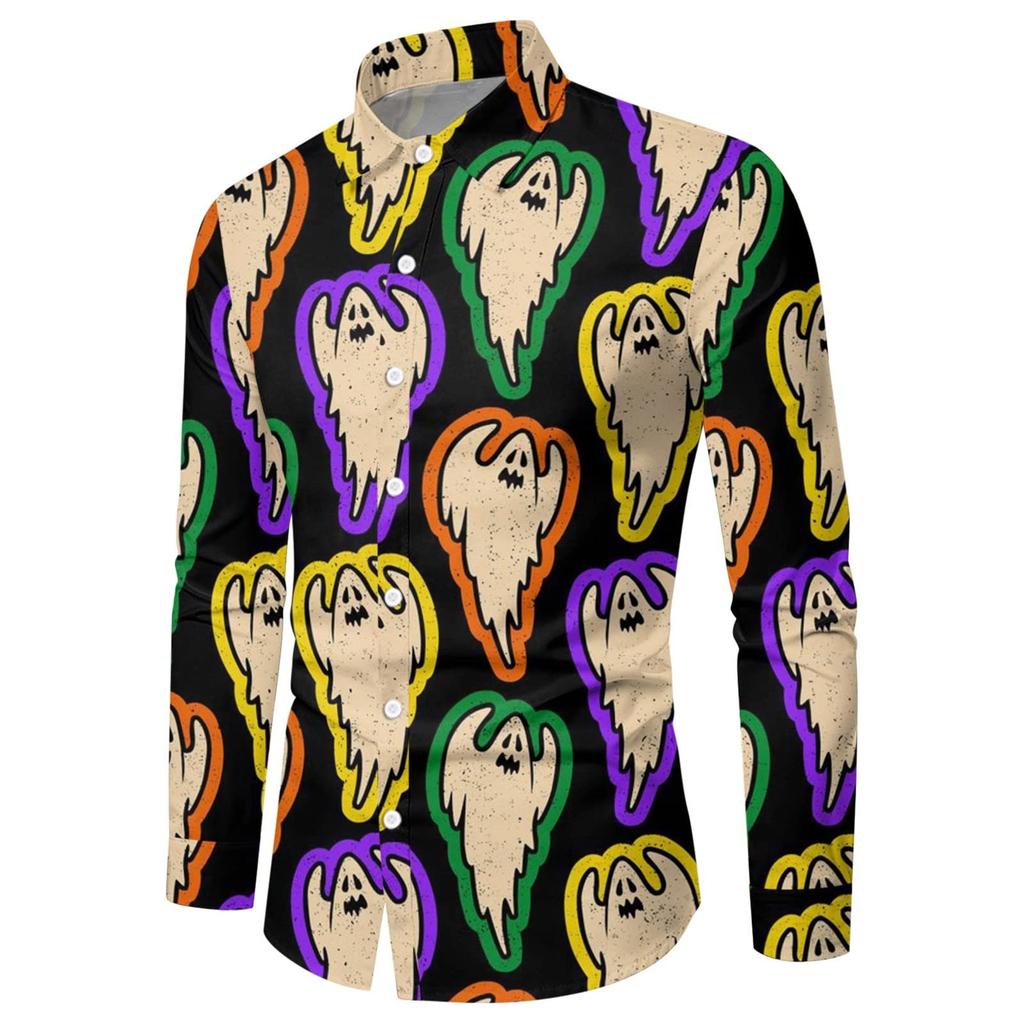 Мужская рубашка на Хэллоуин с тыквой, приталенная рубашка на пуговицах с длинным рукавом, забавная гавайская пляжная рубашка, тематическая одежда для вечеринок