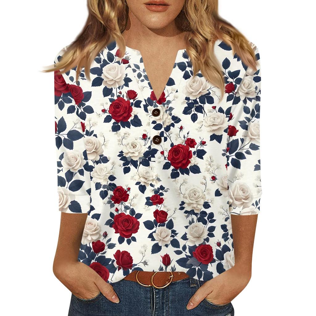Жен. Футболка С принтом Пуговицы Рукав 3/4 Повседневные Выходные Мода Классический Классический V-образный вырез Обычный Верх
