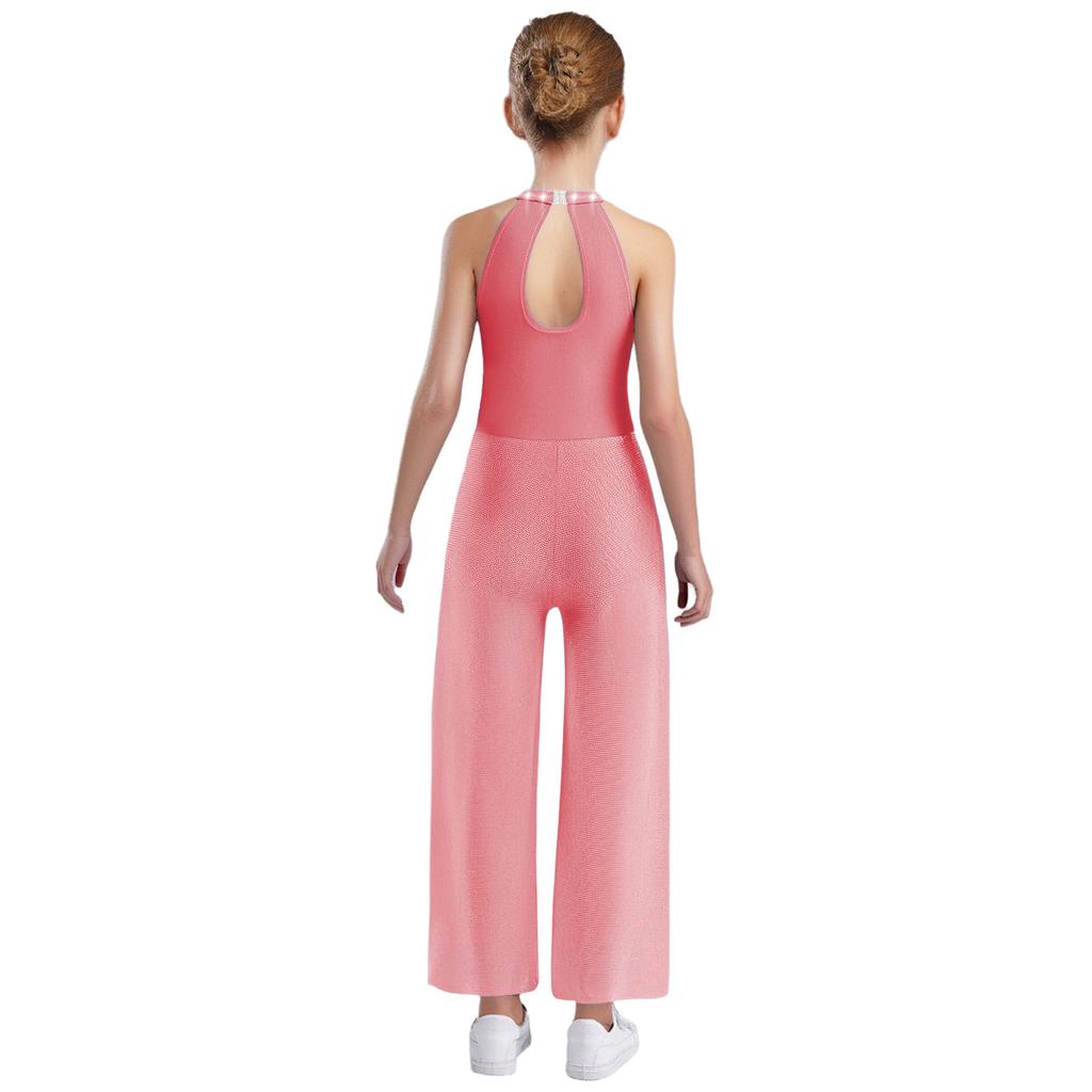 Боди для танцев со стразами для девочек - Блестящий комбинезон без рукавов с вырезом-капелькой на спине и разрезами по бокам, со встроенными трусиками для выступлений