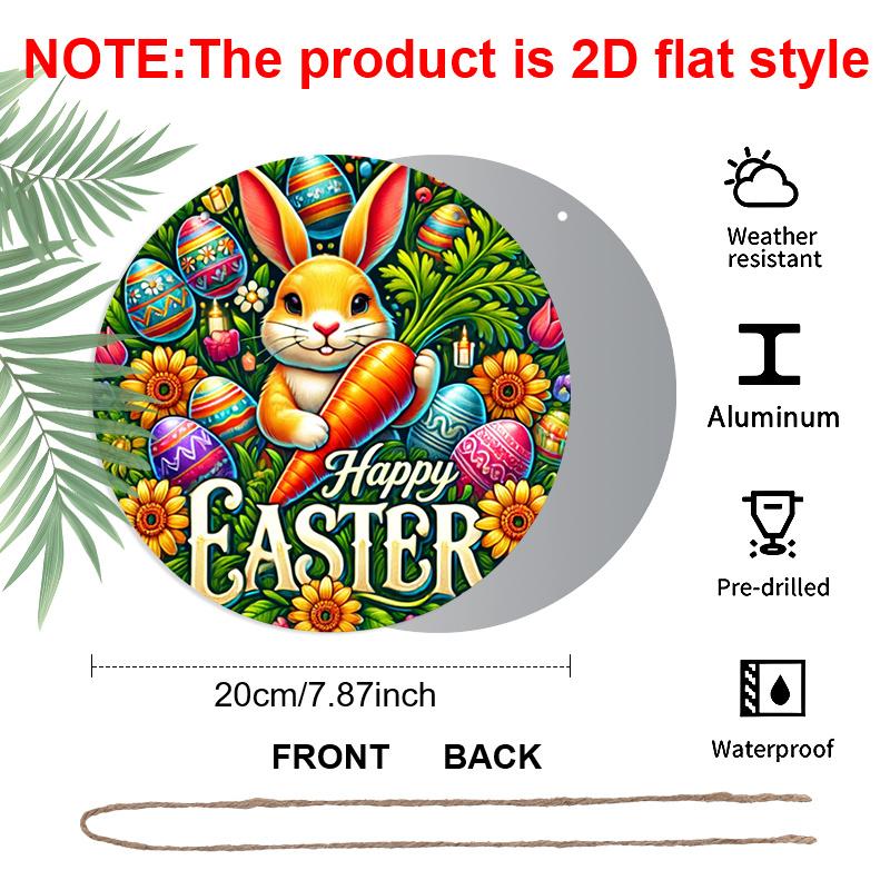 2D Flat 1pc Vintage Easter Bunny Metal Sign, Round Aluminium Door Mount Decor, 8x8 in, Farmhouse Style Wall Art for Home, Room, Street, Shop, Garage