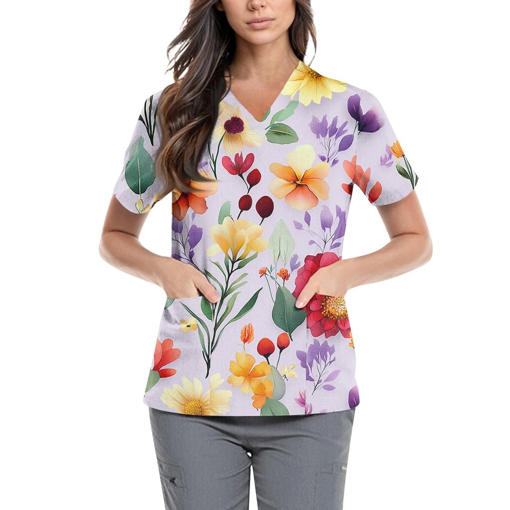 Женская симпатичная принтованная рабочая одежда с V-образным вырезом, двухслойными карманами, базовым коротким рукавом, пуловером ко Дню святого Валентина