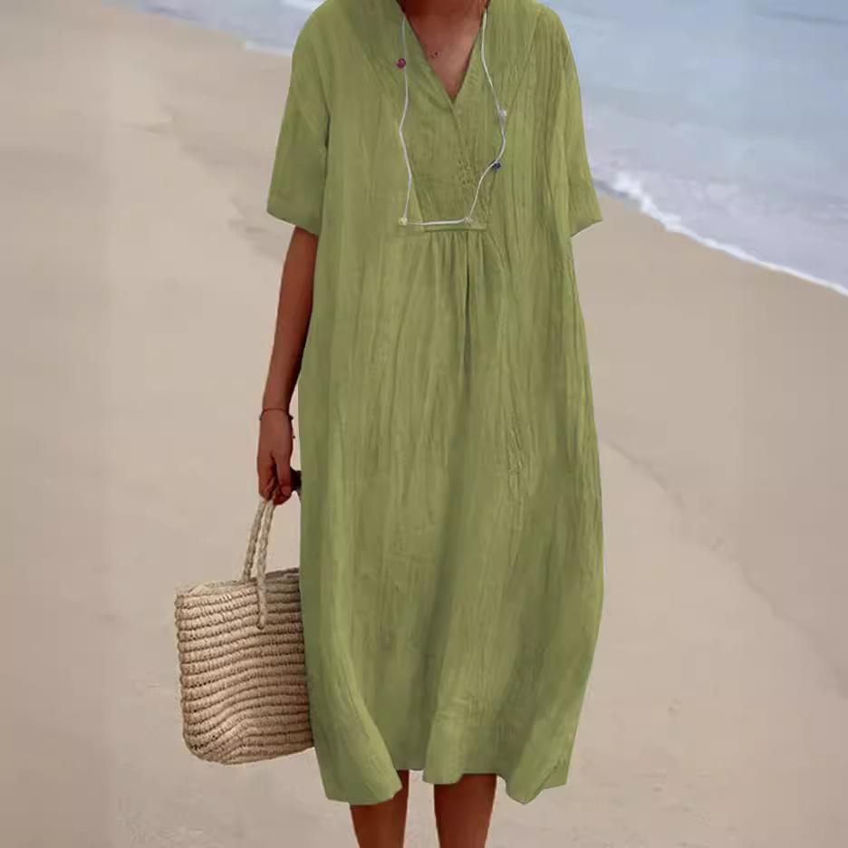 Платье больших размеров с V-образным вырезом и коротким рукавом, однотонное хлопковое льняное платье для женщин, весна-лето, свободные платья миди