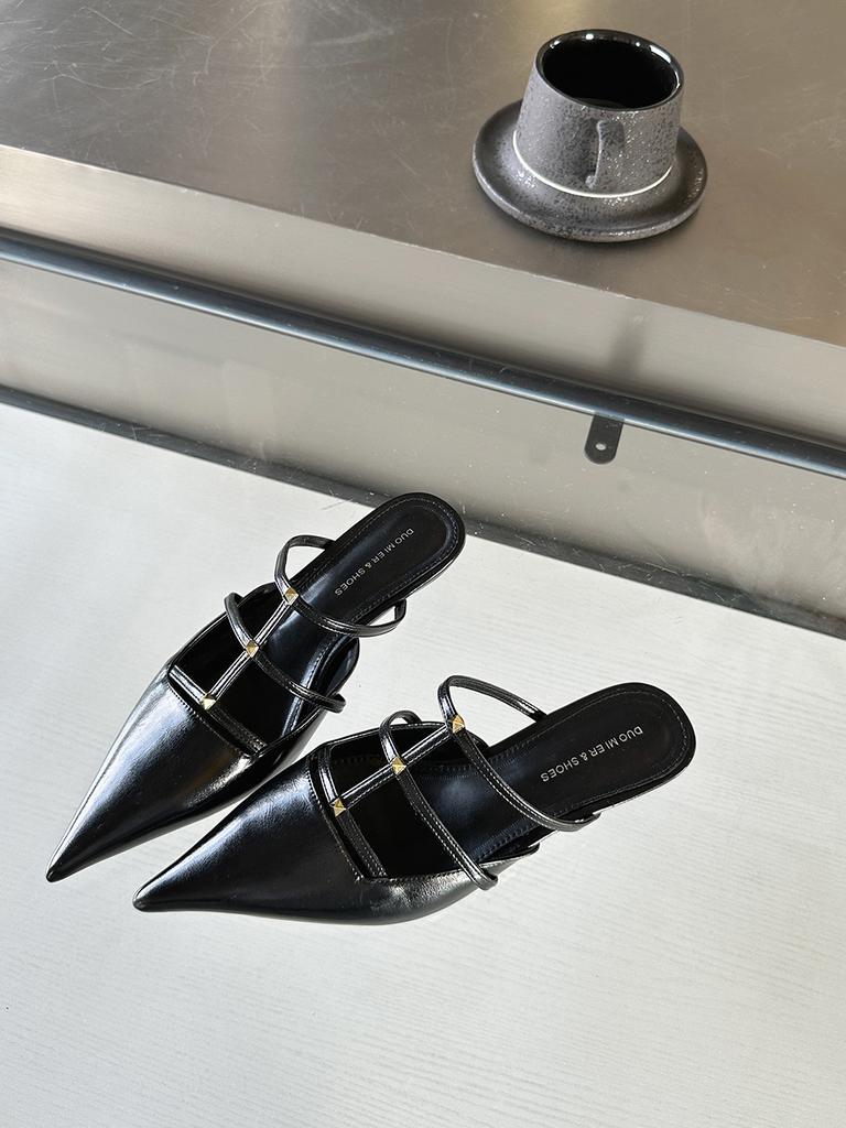 Мода Модные женские тапочки с острым носком Летние уличные туфли-мюли Тонкие туфли на среднем каблуке Черные, белые, серебристые, золотые сандалии Офисные туфли-лодочки