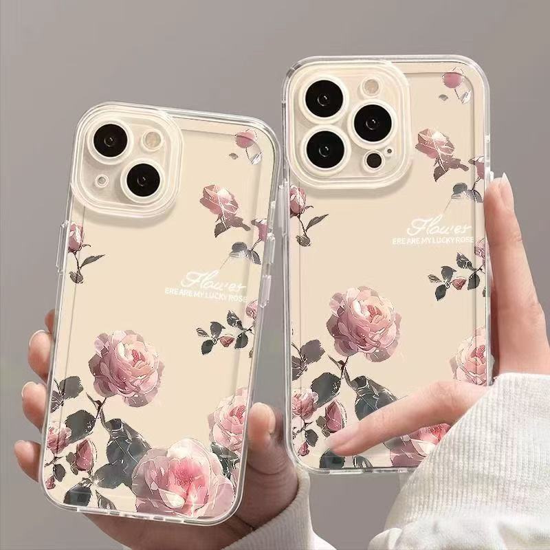 Pink Roses Suitable for Iphone16promax Mobile Phone Case Simple Transparent Apple 15 Anti Fall 1413 Fresh