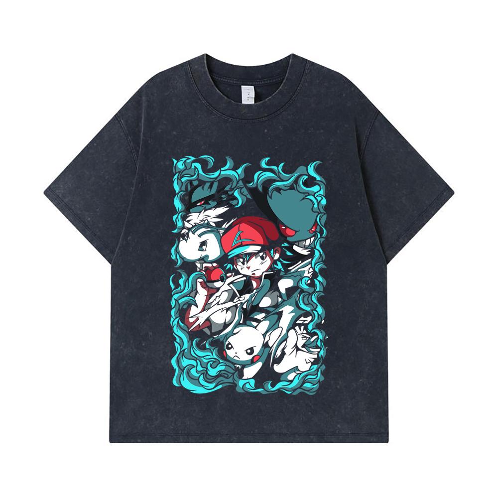 Стиранные футболки 275 г/м² 100% Хлопок Печать Pokemon V26 Унисекс Футболка из плотного хлопка