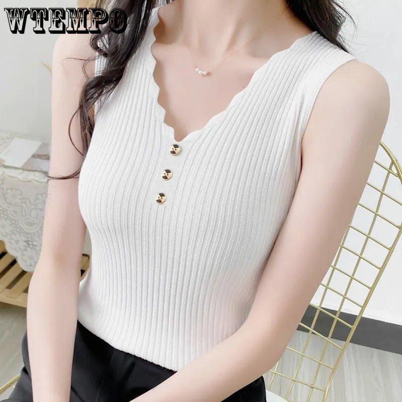 WTEMPO Ледяной шелк, однотонная спортивная майка, женские тонкие корейские повседневные жилеты с v-образным вырезом, без рукавов, на пуговицах, вязаные топы на бретелях