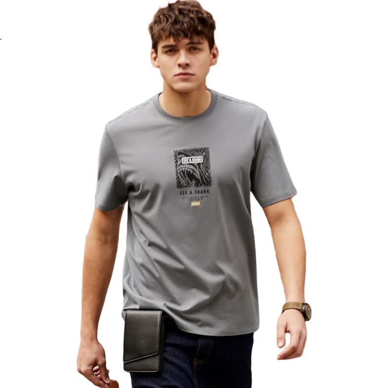 Mr. Bu Shark Print Pure Cotton T-Shirt for Men, Short Sleeve, Summer Fashion, Durable, Loose Fit, Versatile, Bright Moon White, L/175
