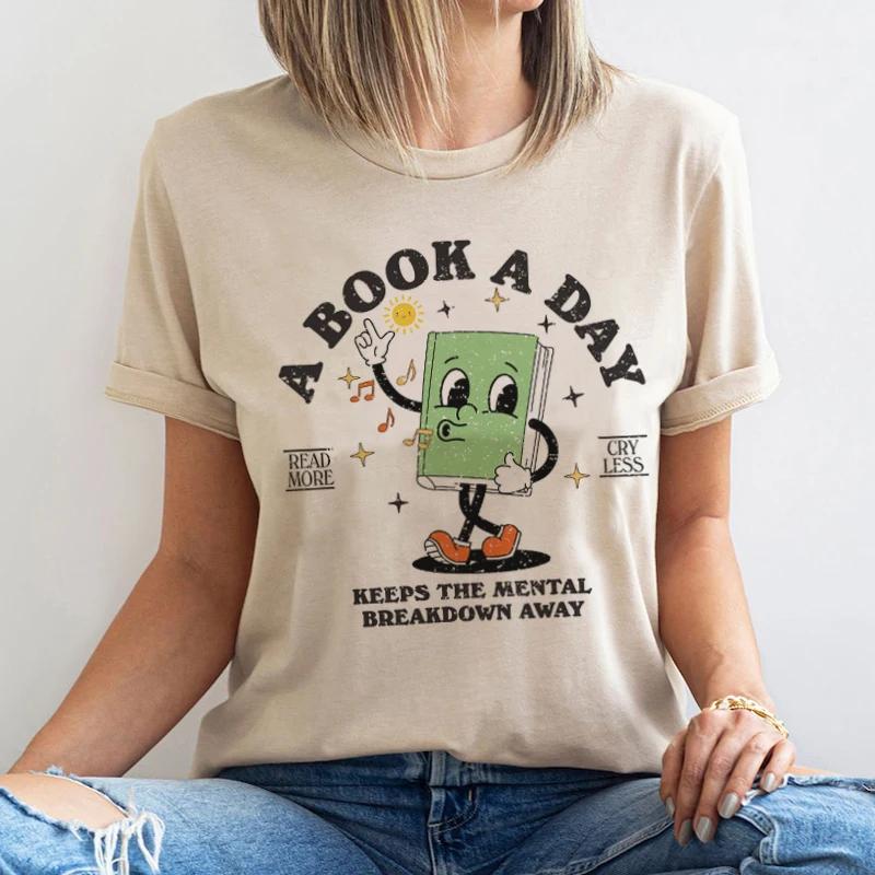 A Book A Day Women Cute Cartoon Bookworm TShirts Funny Book Lover T Shirt Retro Reading Graphic Tees Unisex Bookish Tops Gifts