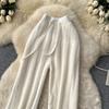 Осень Зима Женский Ленивый Стиль Полосатый Вязаный Свитер Кулиска Широкие Штанины Домашние Штаны
