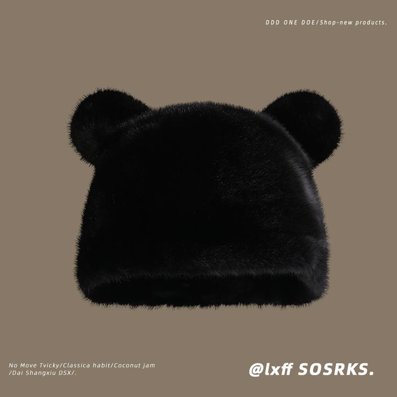 Плюшевая шапка с медвежьими ушками для женщин на зиму Новая милая, уменьшающая возраст, панама из европейской норки, универсальная теплая шапка