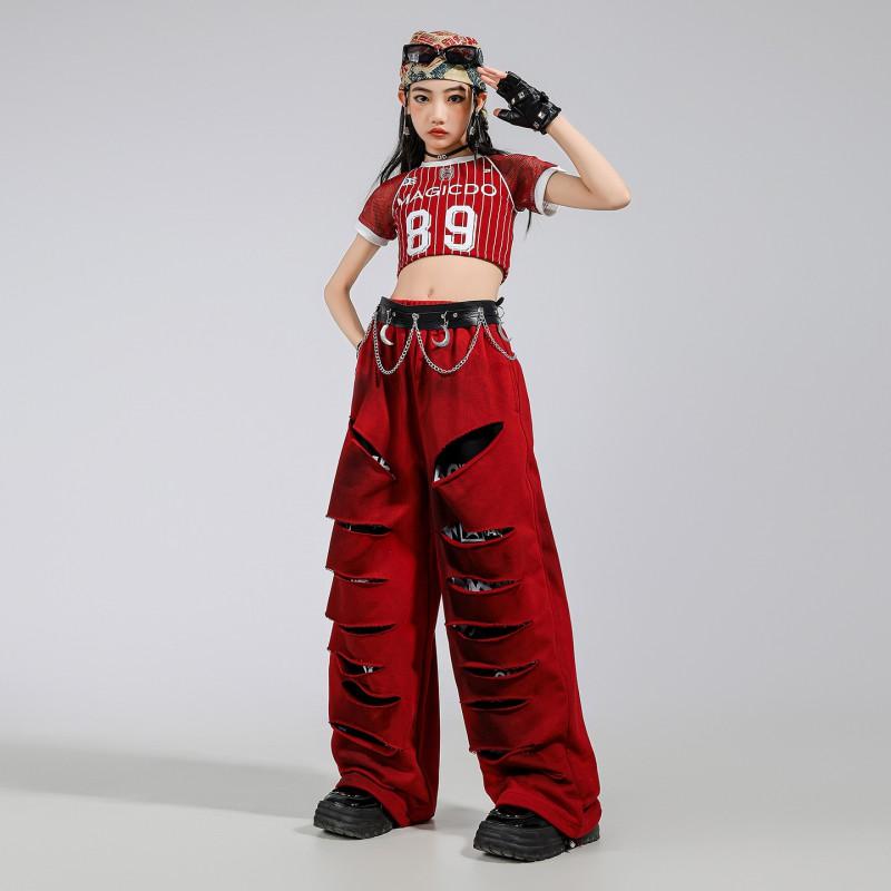 Girls Jazz Dance Outfit Kids Hip Hop Performance Costume Short Sleeve Top Pants Set