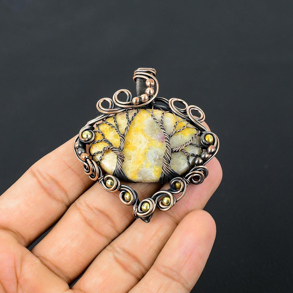 Unique Tree Of Life Fossil Coral Gemstone Pure Copper Wire Wrapped Handmade Pendant Jewelry