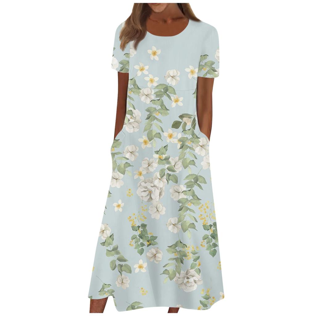 Women's Summer Casual Fashion Floral Print Short Sleeve Round Neck Pocket Dress