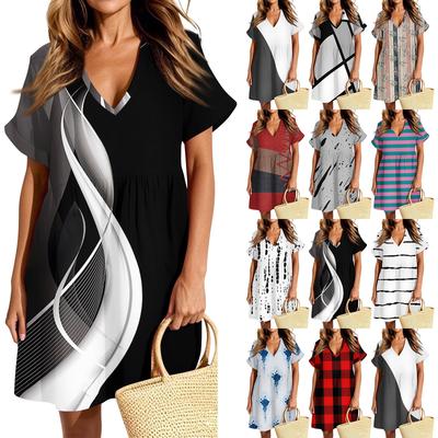 Женское повседневное модное платье с винтажными цветами и короткими рукавами и V-образным вырезом