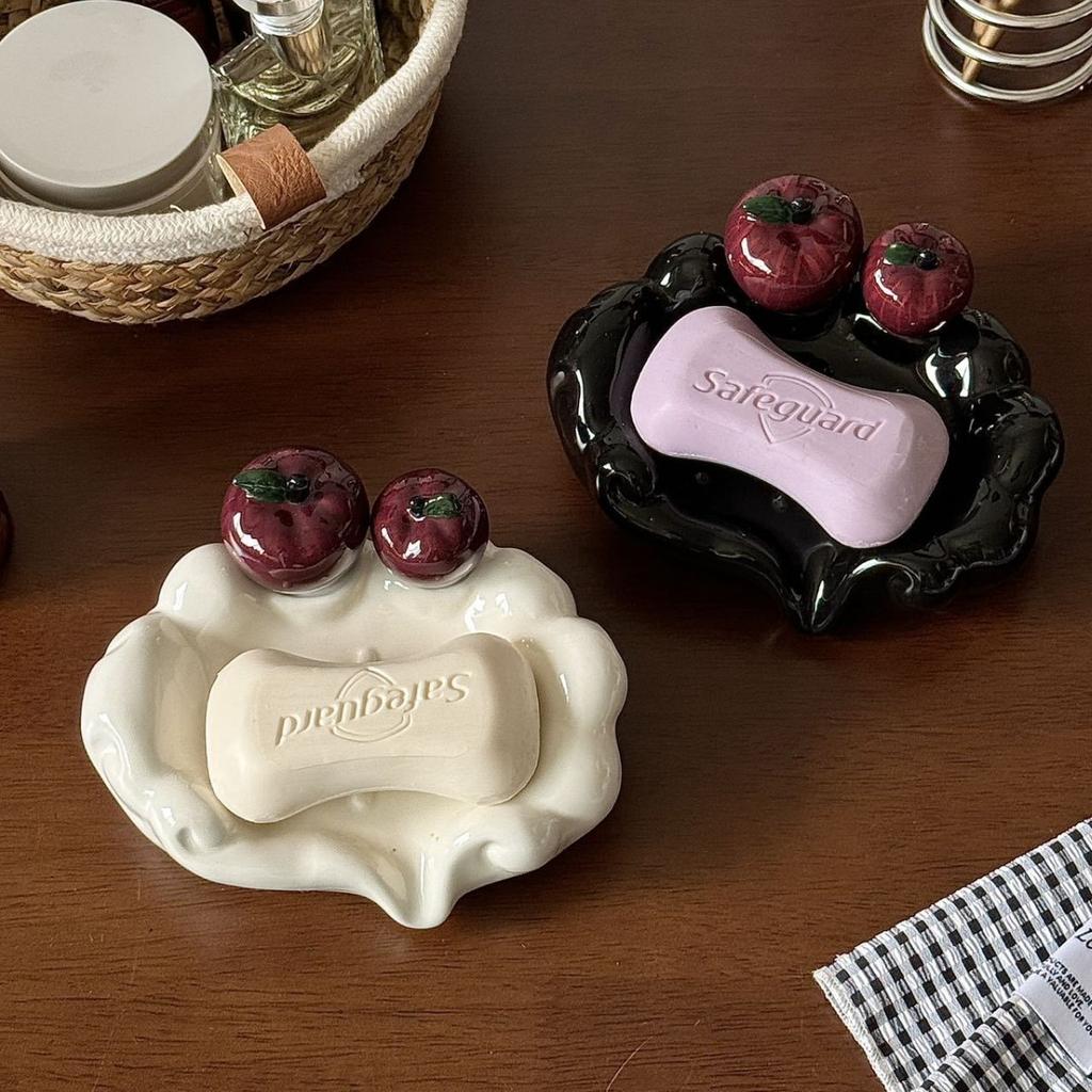 Luxury Ceramic Soap Dish with Drainage, Apple-Shaped Soap Holder for Bathroom Sink Countertop, Home Soap Tray