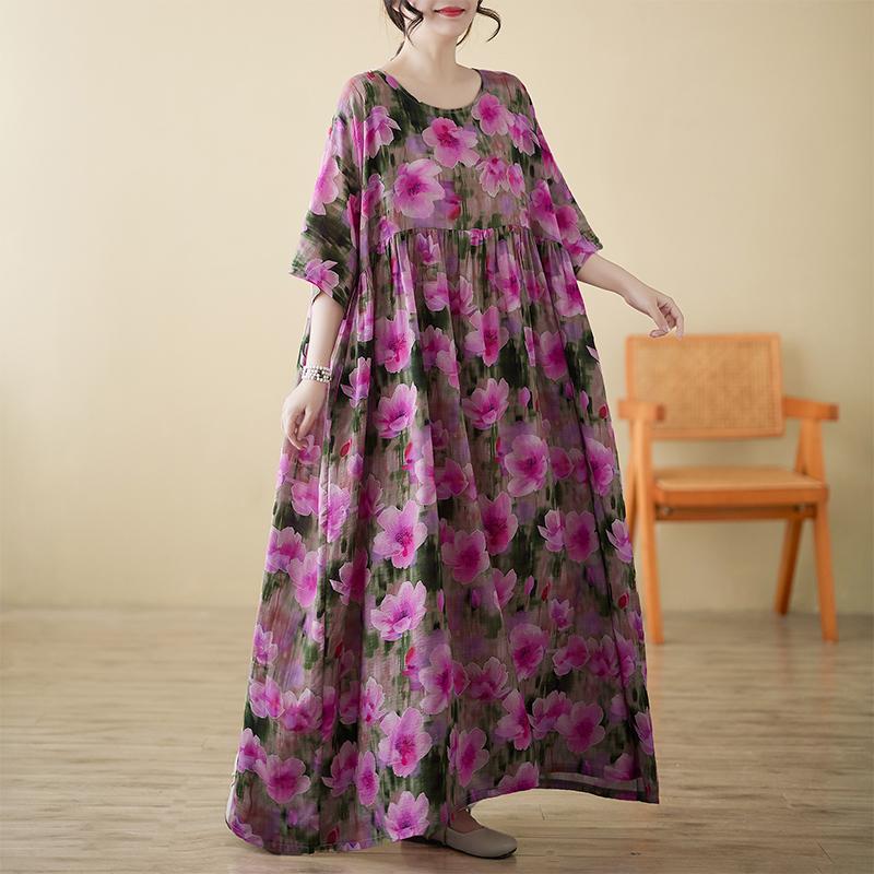 DIMANAF 2025 Женское Летнее Новое Винтажное Платье с Цветочным Принтом Большого Размера Праздничное Длинное Базовое с Коротким Рукавом Повседневное Свободное Платье