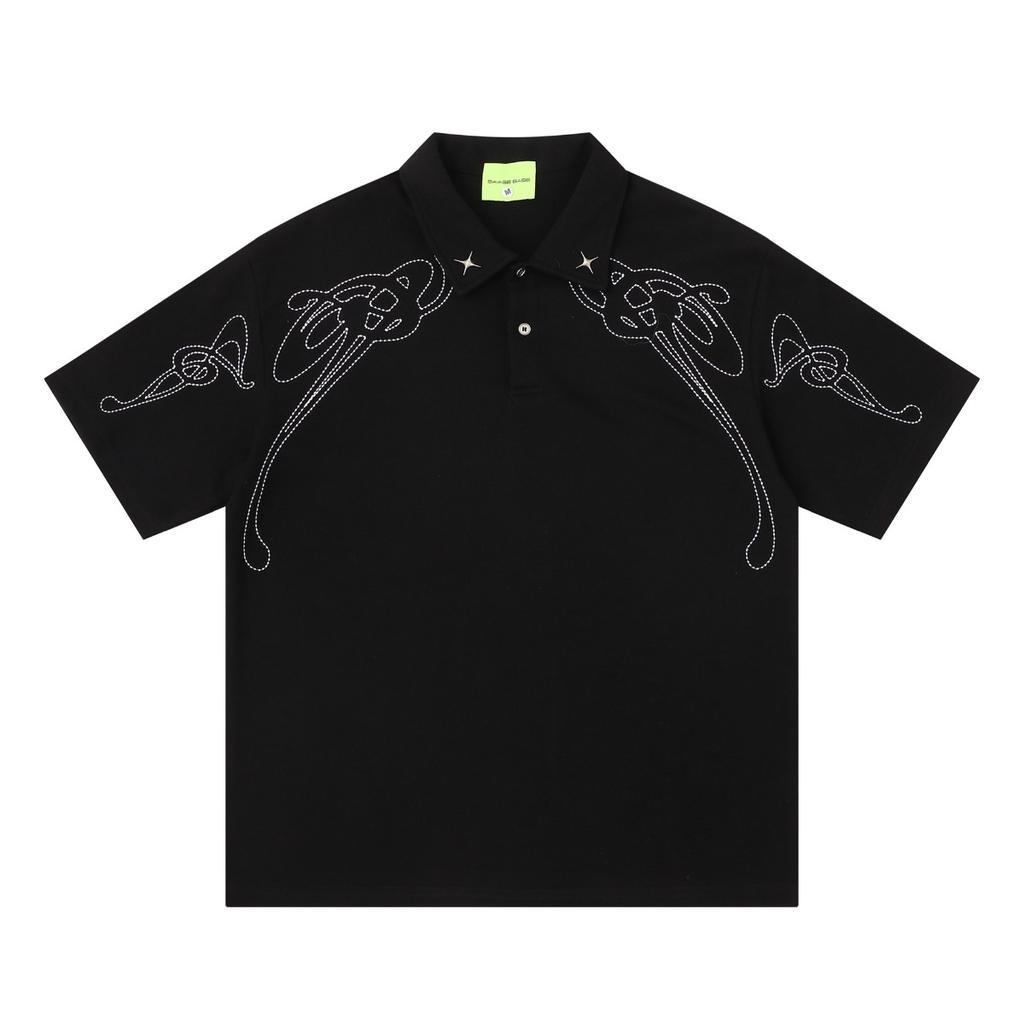 FlowStreet Y2K Polo Shirt Printed Mens Rock T-shirt Gothic Super Hip-Hop Button-Neck Shirt Punk Casual T-shirt Simple Stylish Couple Packs