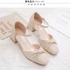 2026 Baotou Sandals Women's Summer New Thick Heel High Heel Not Tired Middle Heel One-word Button Square Head Bow Versatile Shoes