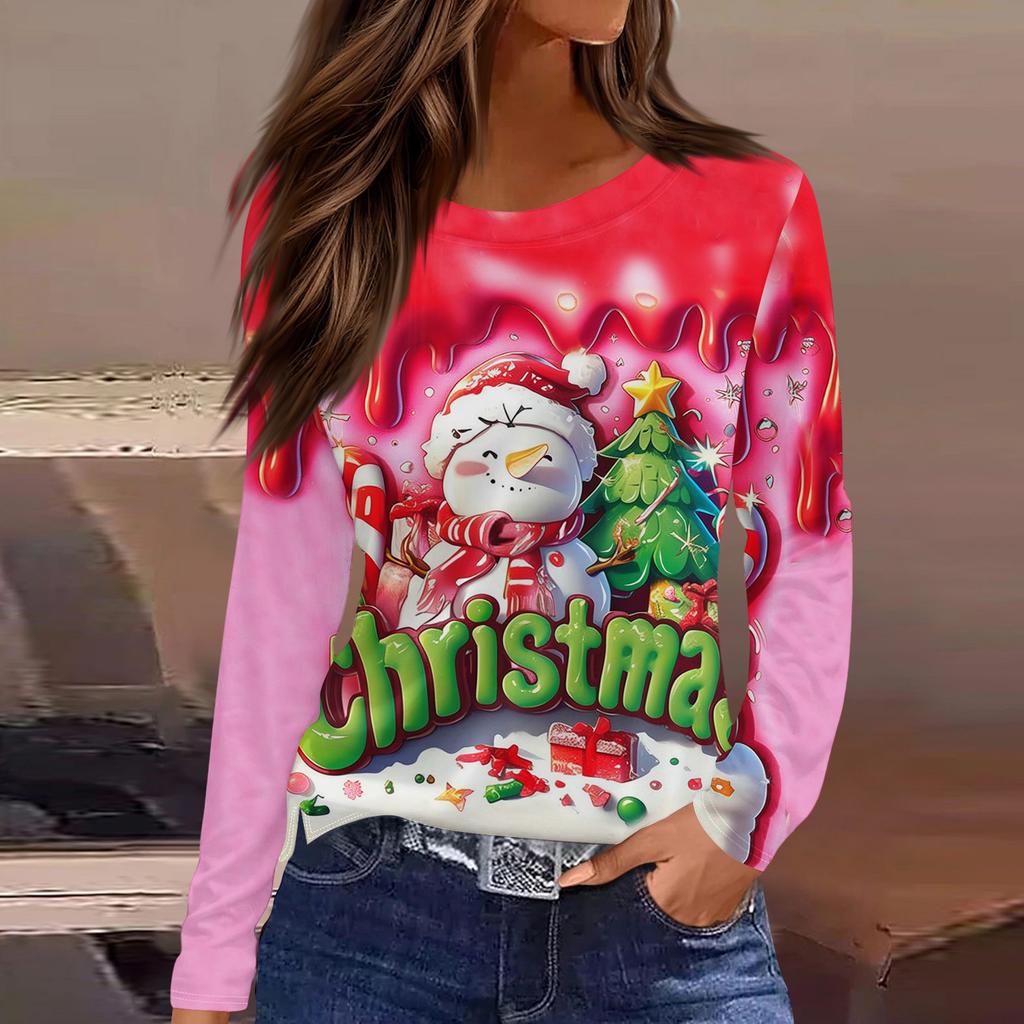 Women's Fashion Casual Slit Hem Round Neck Long Sleeve Loose Printed T-Shirt Ladies Top