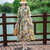 2025 Summer New Cotton and Linen Printed Short-sleeved V-neck Dress Drawstring Waist Knee Pendulum Long Dress Women