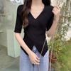 Женская футболка в корейском стиле с V-образным вырезом и нерегулярным перекрестным узором, короткие рукава, размер плюс, однотонная, 2024 г.
