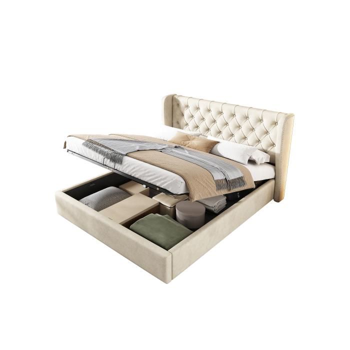 Lit double - MUVOE - 140x190 cm - Beige - Lit hydraulique avec rangement