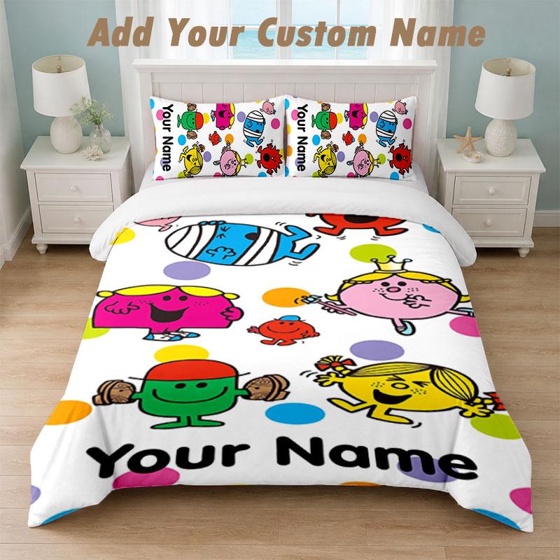 Bedding Set 1 Duvet Cover 2 Pillowcases Mr. Men & Little Miss Print Soft Bed Linen Bedroom Decor