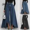 Simple Design Women Trousers Pants High Waist Buttons Zipper Closure Denim with Everyday Pockets Irregular Large Hem Wide Leg Solid Color Casual Loose
