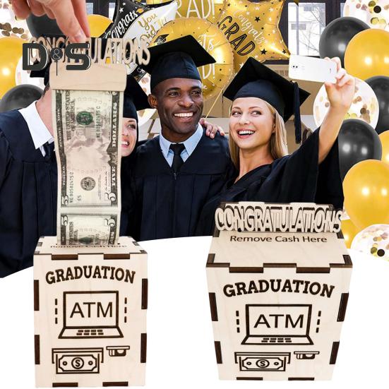 Graduation Money Gift Box Wooden ATM Design Congratulations Card Holder Money Holder Cash Box for Graduation Money Gifts