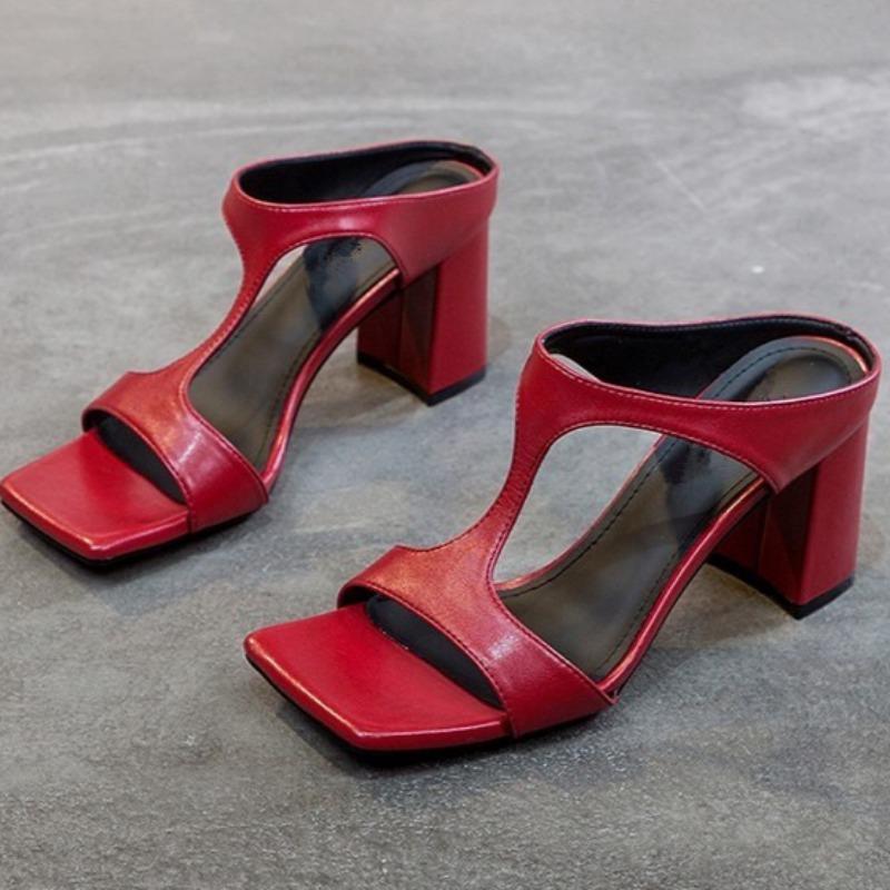 Модные женские туфли на высоком каблуке 2024 Весна Новые тапочки Модные универсальные однотонные босоножки на среднем каблуке с толстым квадратным носком для женщин