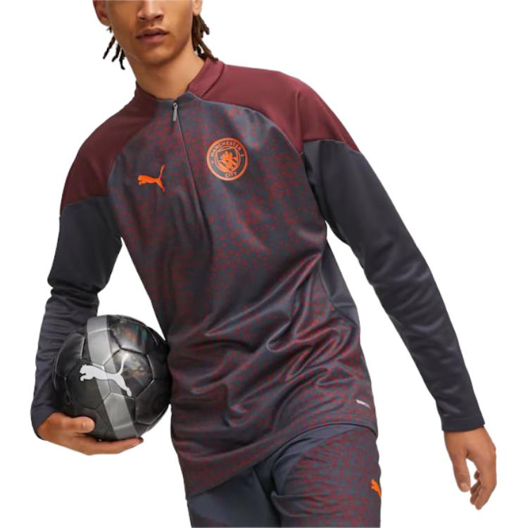 Puma Футболка мужская футбольная с длинным рукавом Manchester City Fleece Logo с застежкой-молнией и длинными рукавами 2023-24, цвет фиолетовый, красный 772861-16