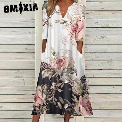Женская мода лето весна цветочный принт рукав 2/1 с v-образным вырезом повседневные платья