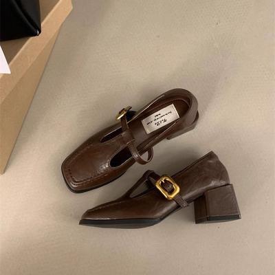 Французские ретро туфли Мэри Джейн Т-образной формы женские 2025 осень и зима новые темпераментные женские туфли толстый каблук для работы толстый каблук туфли