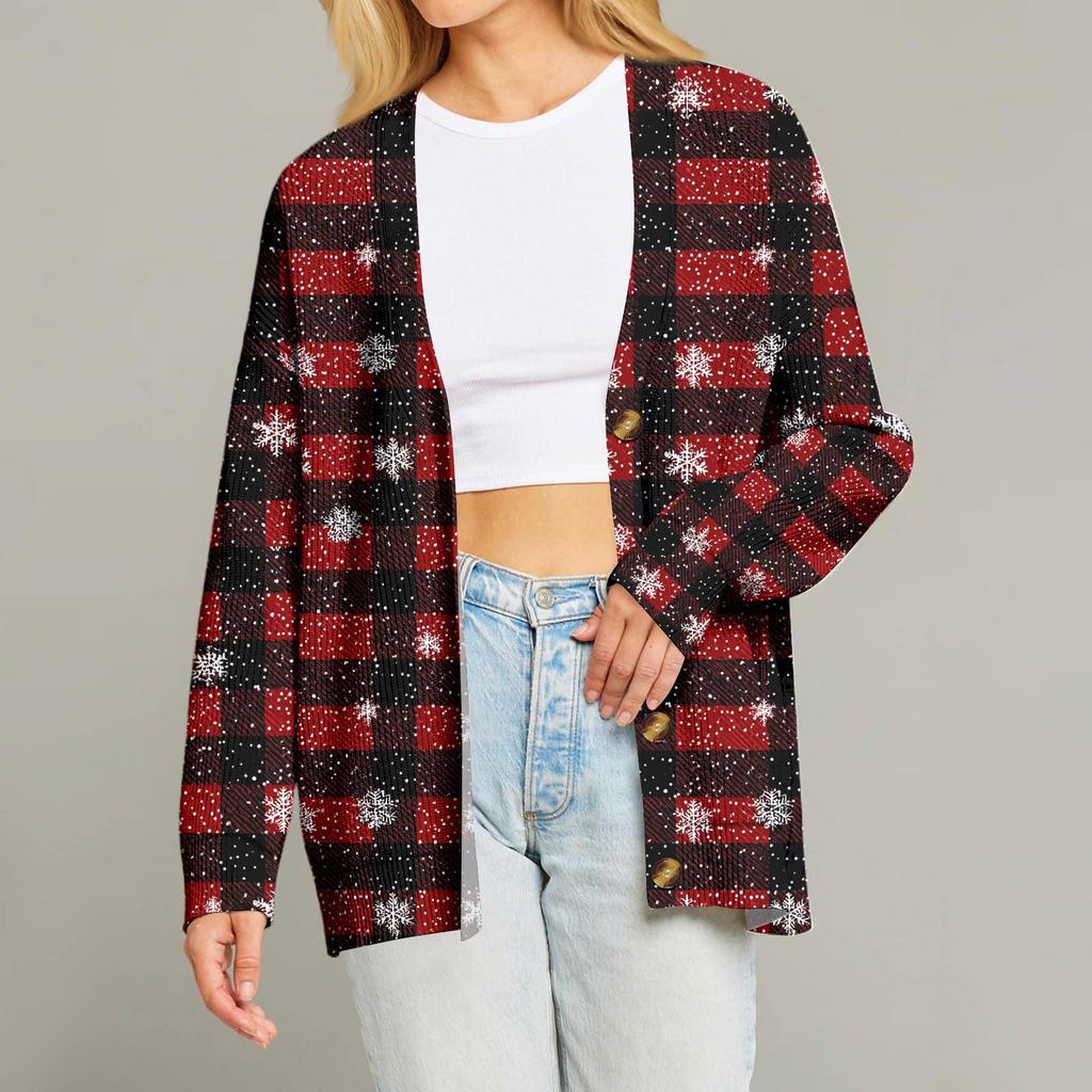 Женский модный кардиган с длинным рукавом, V-образным вырезом, на пуговицах, свободного кроя, с рождественским принтом