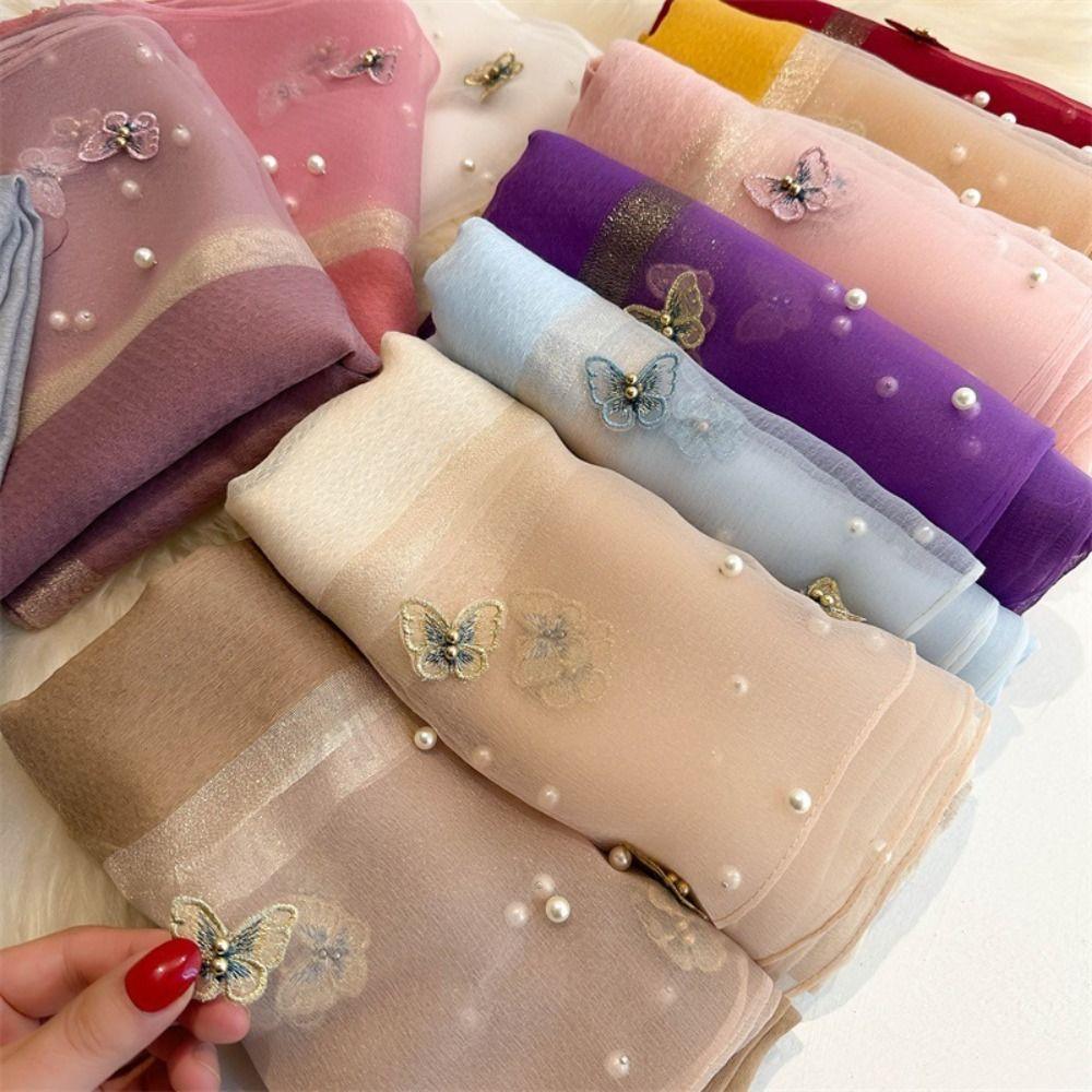 Large Butterfly Embroidery Scarf Thin Women Hijab Shawls Fashion Silk Scarf Female