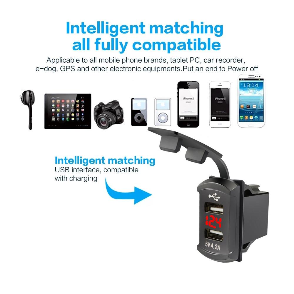 12, 24 В, 4,2 А, автомобильное зарядное устройство с двумя портами USB и дисплеем напряжения, водонепроницаемый модифицированный переключатель, адаптер автомобильного зарядного устройства для мобильного телефона Toyota, быстрая зарядка