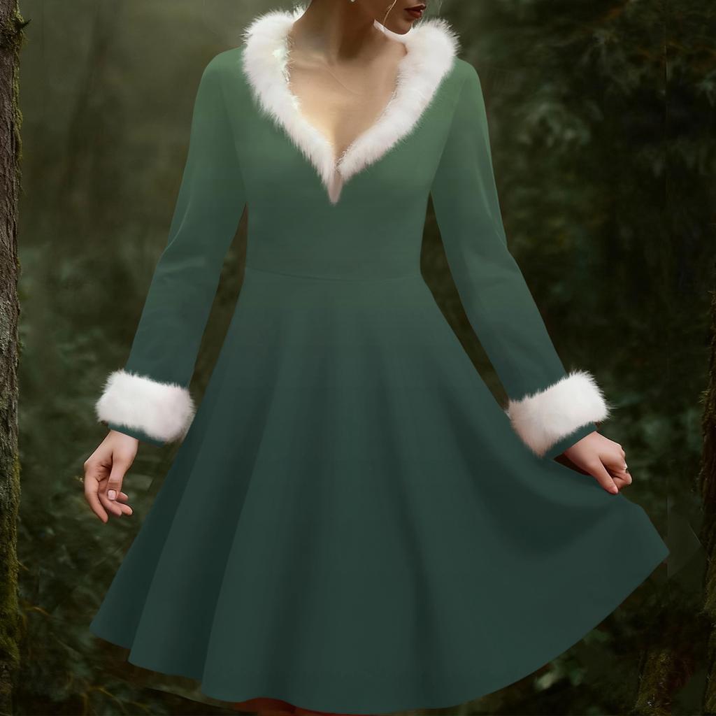 Женское повседневное платье с V-образным вырезом, рождественским принтом, плюшевыми длинными рукавами