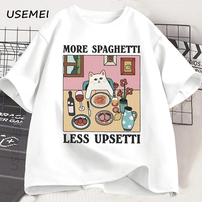More Spaghetti Less Upsetti Cat TShirt Funny Cat Lover Tee Food Humor Graphic Top for Unisex Unisex Casual Loose Cotton Print Tee