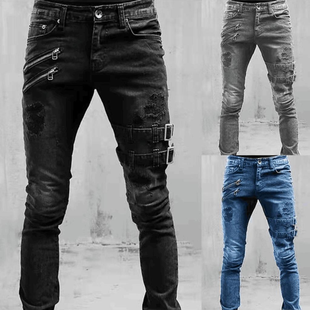 Men Jeans Solid Color Ripped Holes Frayed Gradient Washed Trousers