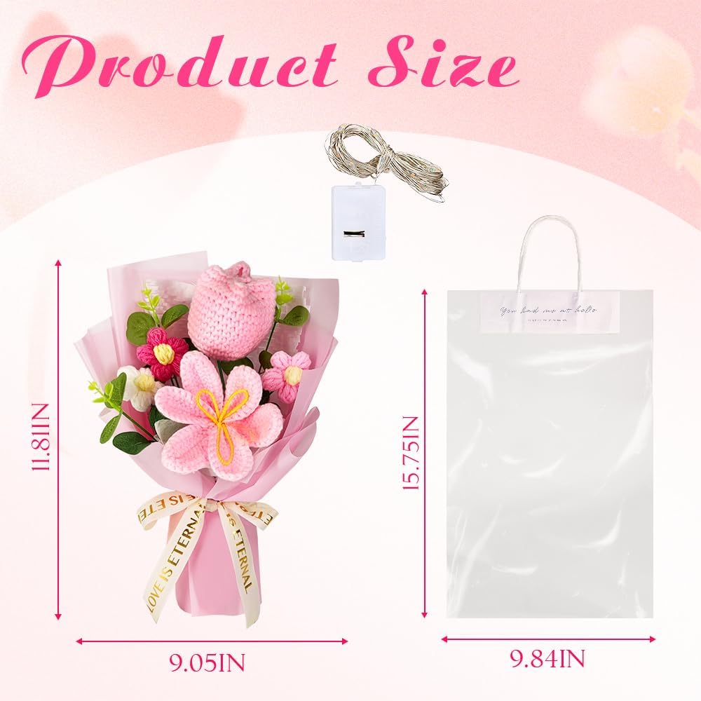 Crochet Flower Bouquet: Completed Crochet Tulip Flowers for Graduation Gifts Birthday Home Decor (Pink)