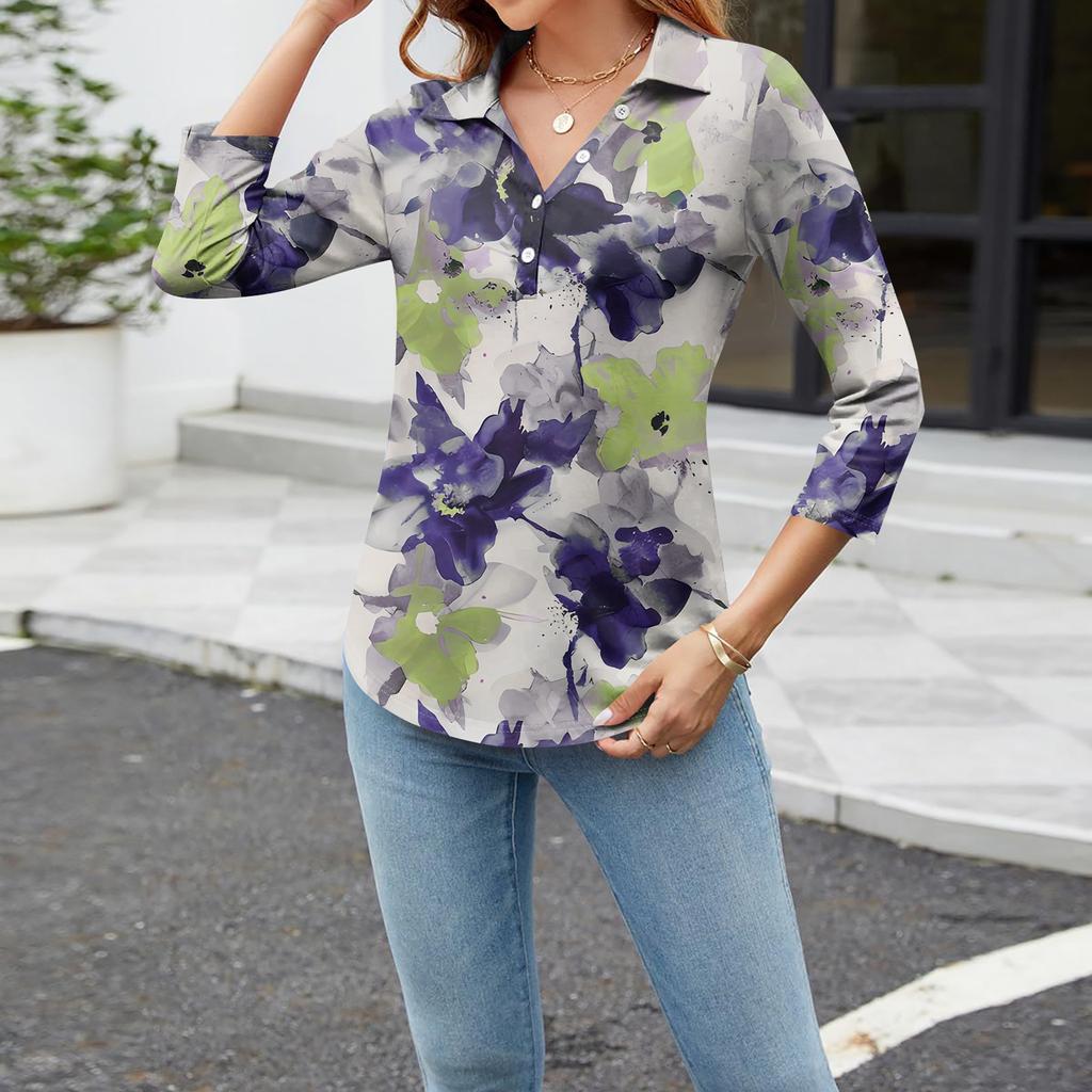 Женский модный повседневный топ на пуговицах с длинным рукавом и цветочным принтом, v-образным вырезом и пуговицами
