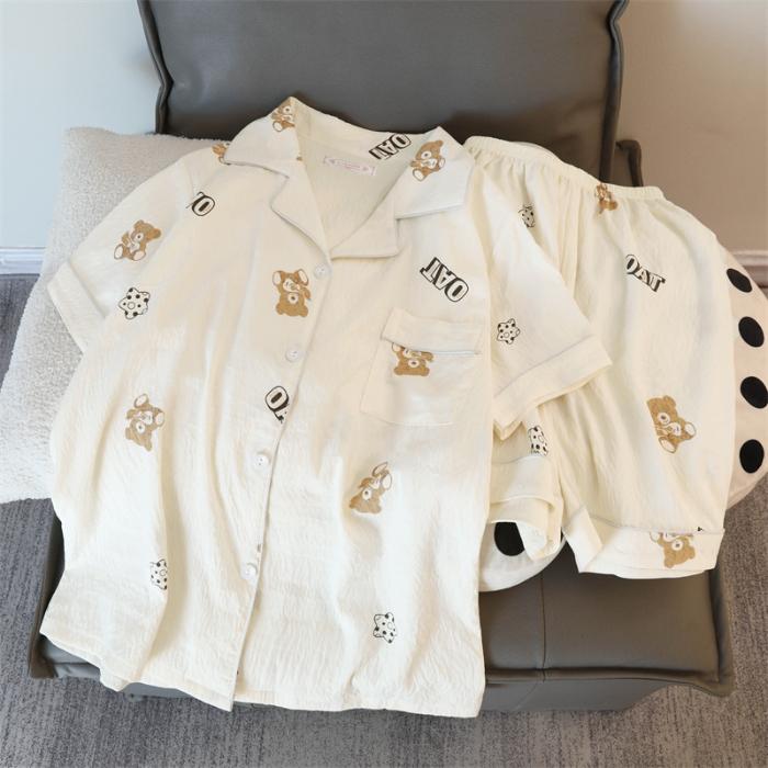 Fun Letter Bear Print Pajamas for Women Cartoon Sweet Cute Casual Women 2 Piece Set Homewear Simple Sleepwear Pajamas Set