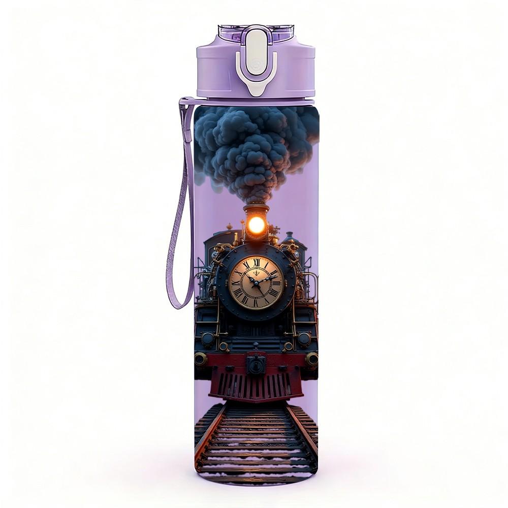 1PC Vintage Steam Train Locomotive Print 750ml Color Plastic Sports Water Bottle Leakproof Flip Straw Lid Suitable for Sports Office Home Use