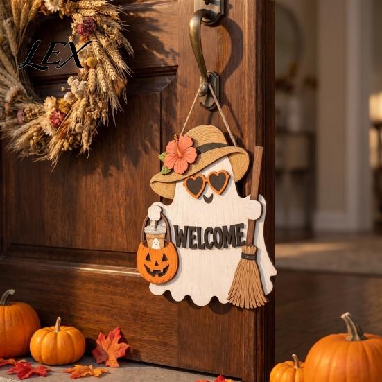 Witch Hat Wall Sign Halloween Ghost Welcome Door Hanger, Cute Wooden with & Pumpkin Party Supplies Elements, Fall Indoor Outdoor Decor for Holiday